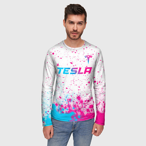 Мужской лонгслив Tesla neon gradient style: символ сверху / 3D-принт – фото 3