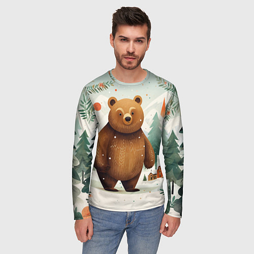 Мужской лонгслив Рождественский мишка фолк-арт / 3D-принт – фото 3