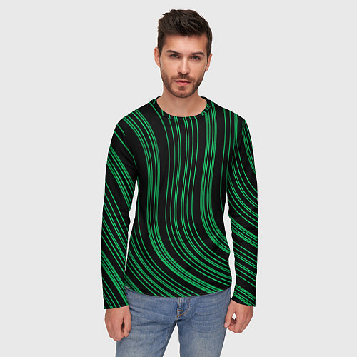 Мужской лонгслив Абстракция зелёные линии на чёрном / 3D-принт – фото 3
