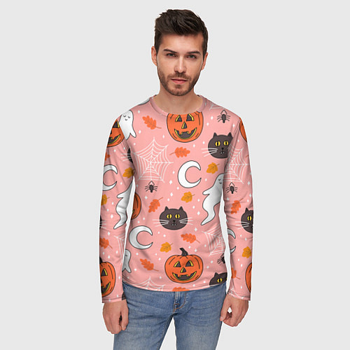 Мужской лонгслив Тыквы и кошки на розовом фоне / 3D-принт – фото 3