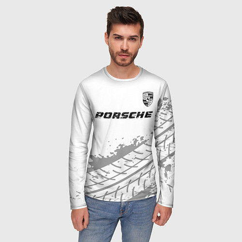Мужской лонгслив Porsche speed на светлом фоне со следами шин посер / 3D-принт – фото 3