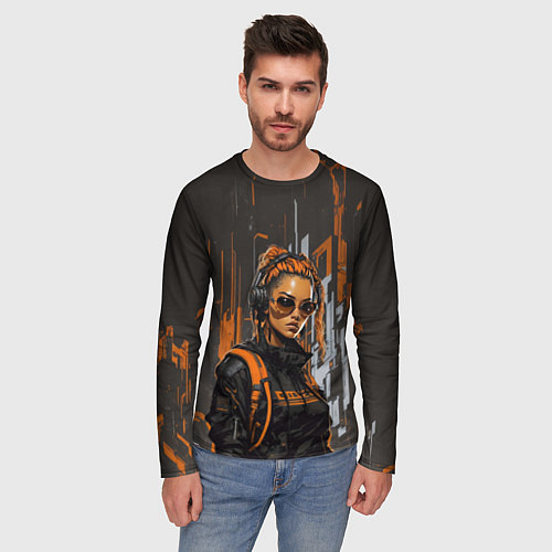 Мужской лонгслив Девушка и оранжевые линии / 3D-принт – фото 3