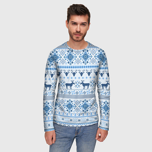 Мужской лонгслив Blue sweater with reindeer / 3D-принт – фото 3