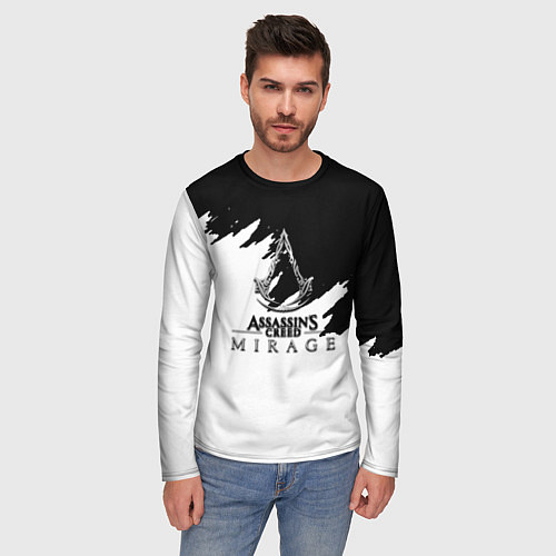 Мужской лонгслив Assassins creed mirage чернобелый / 3D-принт – фото 3