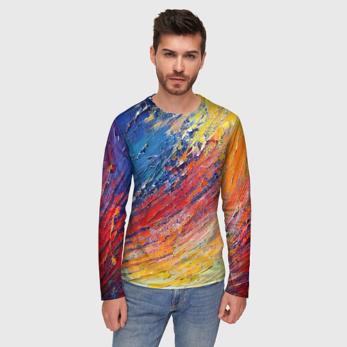 Мужской лонгслив Смешение масляных красок синий жёлтый красный живо / 3D-принт – фото 3