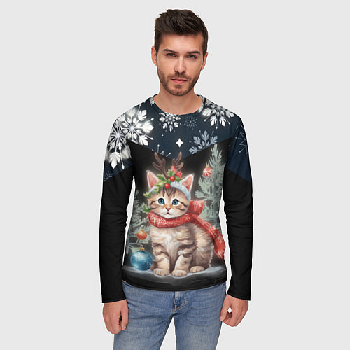 Мужской лонгслив Новогодний котик у ёлок в шарфе горы в снежинках / 3D-принт – фото 3