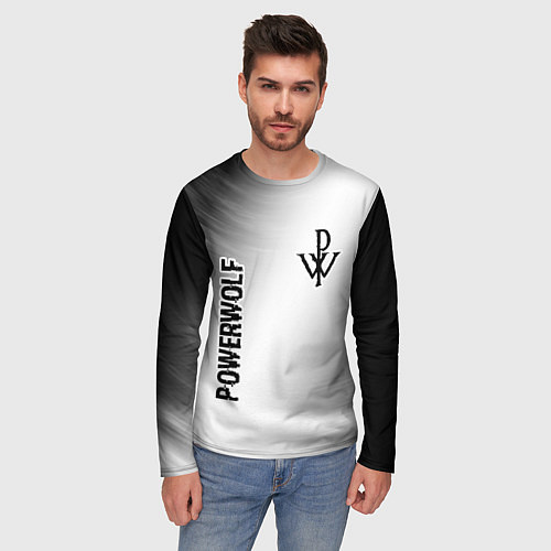 Мужской лонгслив Powerwolf glitch на светлом фоне вертикально / 3D-принт – фото 3