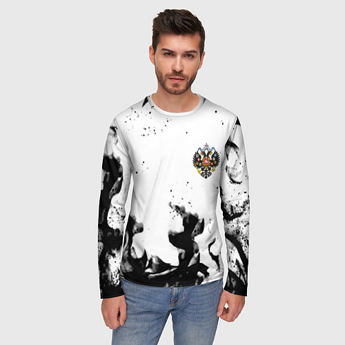 Мужской лонгслив Герб РФ огненный стиль чернобелый / 3D-принт – фото 3