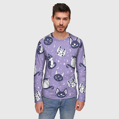 Мужской лонгслив Мистические кошечки - паттерн фиолетовый / 3D-принт – фото 3