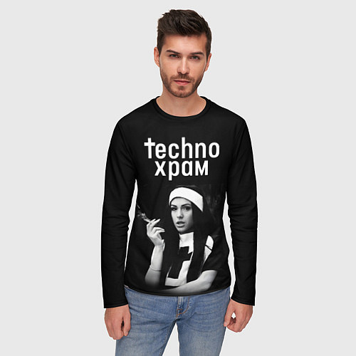 Мужской лонгслив Techno храм монашка с сигаретой / 3D-принт – фото 3