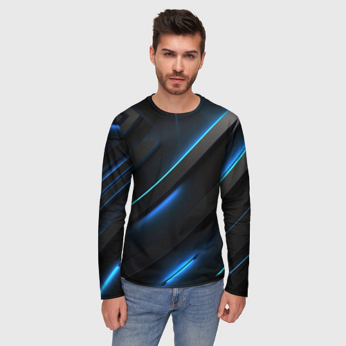 Мужской лонгслив Черная конструкция с синими неоновыми вставками / 3D-принт – фото 3
