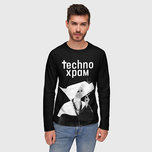 Мужской лонгслив Techno храм курящая монашка / 3D-принт – фото 3