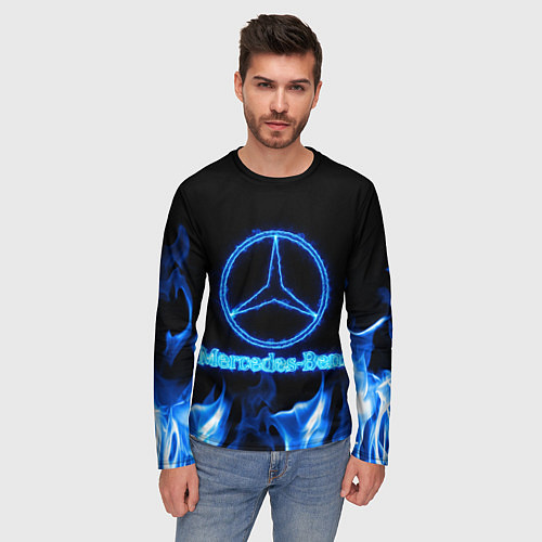 Мужской лонгслив Mercedes-benz blue neon / 3D-принт – фото 3
