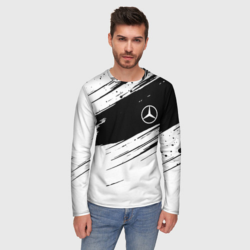 Мужской лонгслив Mercedes benz краски чернобелая геометрия / 3D-принт – фото 3