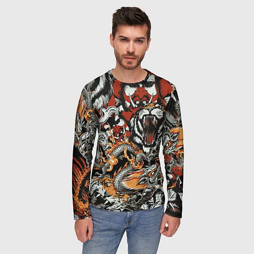 Мужской лонгслив Самурай дракон и тигр / 3D-принт – фото 3