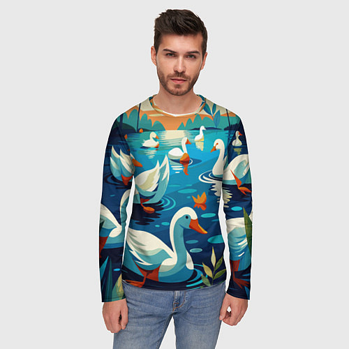 Мужской лонгслив Гуси лебеди вода / 3D-принт – фото 3