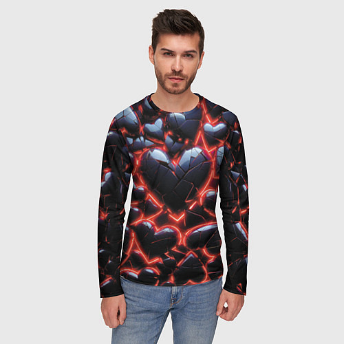 Мужской лонгслив Разбитые сердца и красный неон / 3D-принт – фото 3