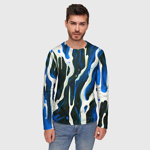 Мужской лонгслив Текучая краска белая и синяя / 3D-принт – фото 3