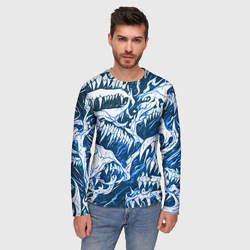 Мужской лонгслив Белые клыки на синем фоне / 3D-принт – фото 3