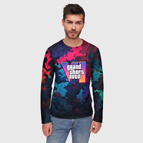 Мужской лонгслив GTA 6 logo яркий неоновый камуфляжный стиль / 3D-принт – фото 3