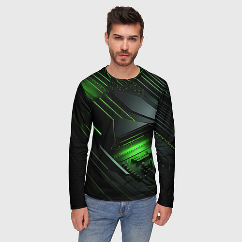 Мужской лонгслив Металл и зеленый яркий неоновый свет / 3D-принт – фото 3