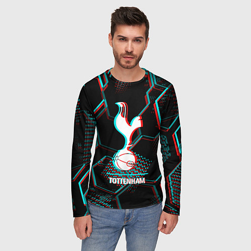 Мужской лонгслив Tottenham FC в стиле glitch на темном фоне / 3D-принт – фото 3