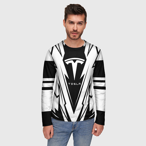 Мужской лонгслив Tesla - black and white / 3D-принт – фото 3