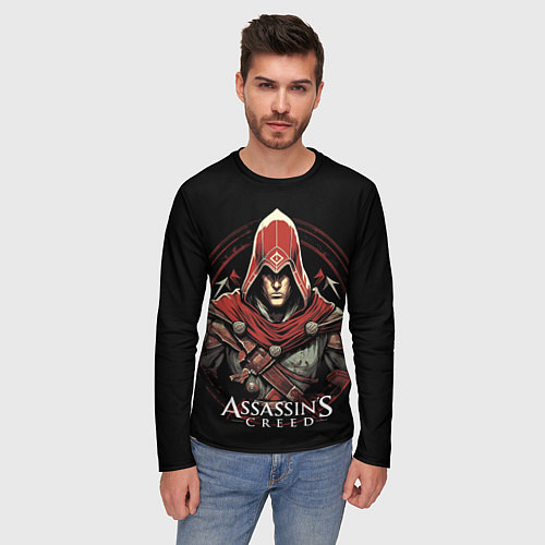 Мужской лонгслив Assassins creed в красном капюшоне / 3D-принт – фото 3