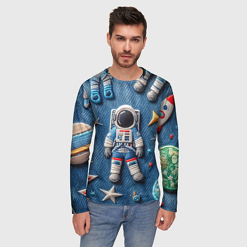 Мужской лонгслив Космонавт - вышивка по джинсе нейросеть / 3D-принт – фото 3