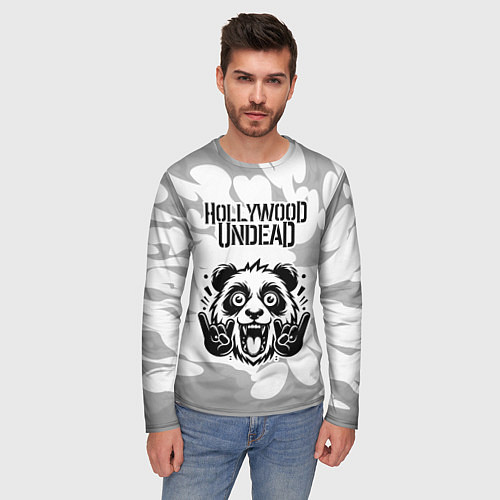 Мужской лонгслив Hollywood Undead рок панда на светлом фоне / 3D-принт – фото 3