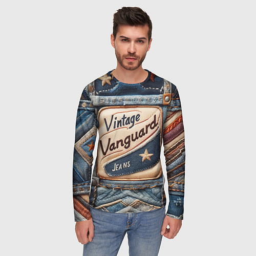 Мужской лонгслив Vintage vanguard jeans - patchwork / 3D-принт – фото 3