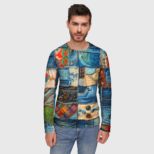 Мужской лонгслив Vanguard denim patchwork - ai art / 3D-принт – фото 3