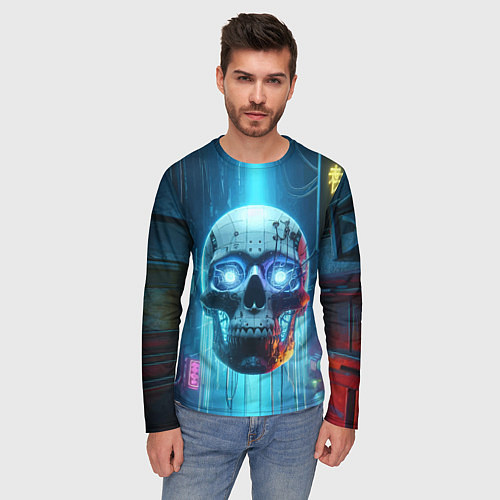 Мужской лонгслив Cyber skull - neon glow ai art / 3D-принт – фото 3