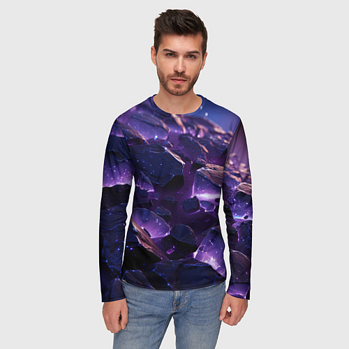 Мужской лонгслив Фиолетовые неоновые камни со светом / 3D-принт – фото 3