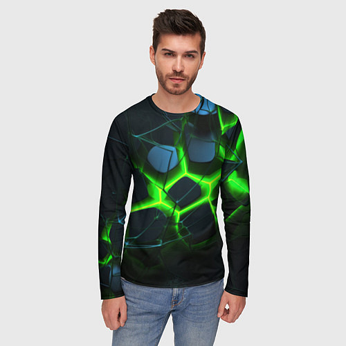 Мужской лонгслив Зеленый неон и разлом плит / 3D-принт – фото 3