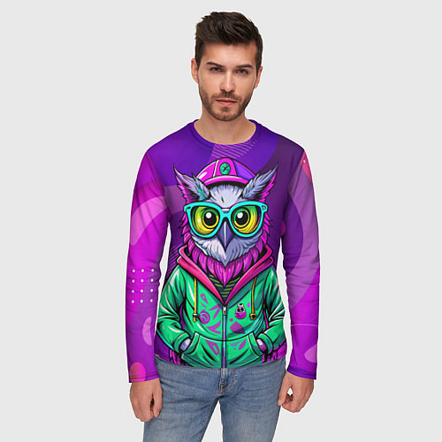 Мужской лонгслив Модная сова на фиолетовом / 3D-принт – фото 3