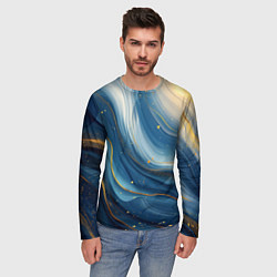 Лонгслив мужской Золотая волнистая текстура на синей ткани, цвет: 3D-принт — фото 2