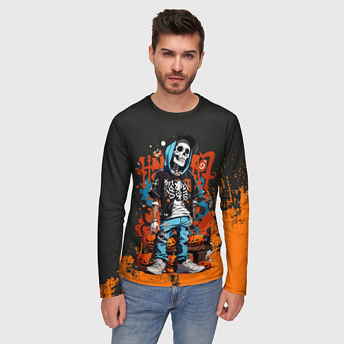 Мужской лонгслив Скелет с тыквами / 3D-принт – фото 3