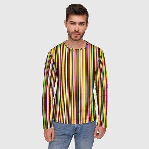 Мужской лонгслив Жёлто-розовый сочетание полосатое / 3D-принт – фото 3