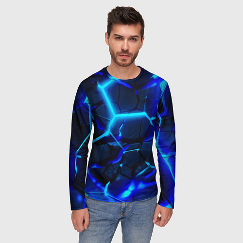 Мужской лонгслив Яркие голубые неоновые плиты в разломе / 3D-принт – фото 3
