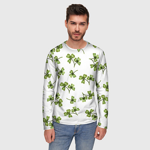 Мужской лонгслив Листочки клевера на белом фоне - паттерн / 3D-принт – фото 3
