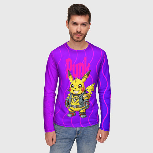 Мужской лонгслив Пикачу панк в розовом стиле / 3D-принт – фото 3
