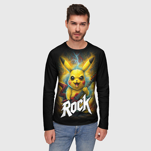 Мужской лонгслив Пикачу рокер с электрогитарой / 3D-принт – фото 3
