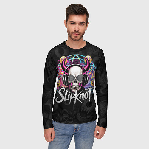 Мужской лонгслив Slipknot на фоне черепа демона с рогами в очках / 3D-принт – фото 3