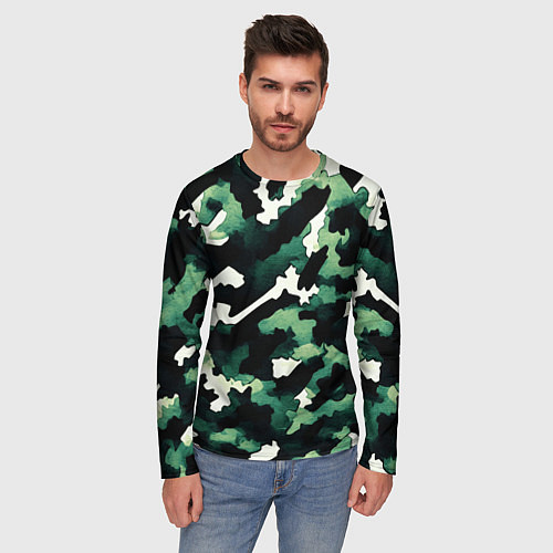 Мужской лонгслив Яркий зелёный камуфляж / 3D-принт – фото 3