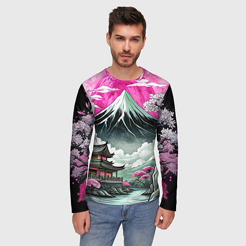 Мужской лонгслив Японский вулкан и деревья / 3D-принт – фото 3