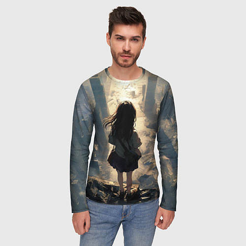 Мужской лонгслив Девушка и город / 3D-принт – фото 3