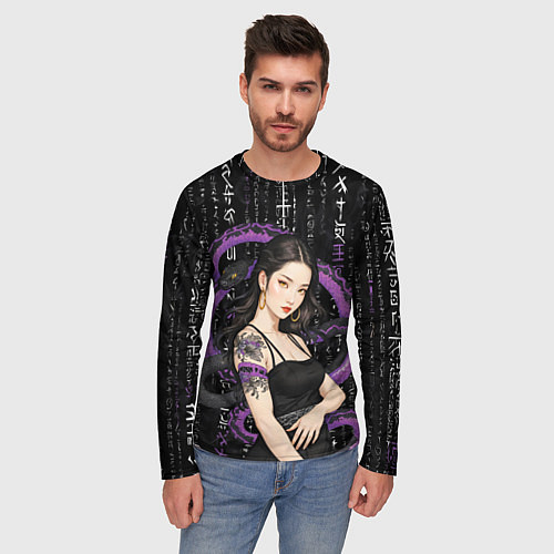 Мужской лонгслив Девушка с тату на руке и пурпурная змея / 3D-принт – фото 3