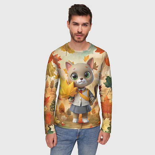 Мужской лонгслив Кошечка школьница / 3D-принт – фото 3
