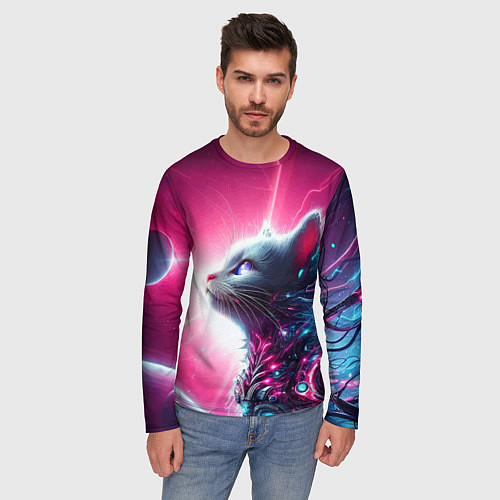 Мужской лонгслив Космический кибер котёнок - неоновое свечение / 3D-принт – фото 3
